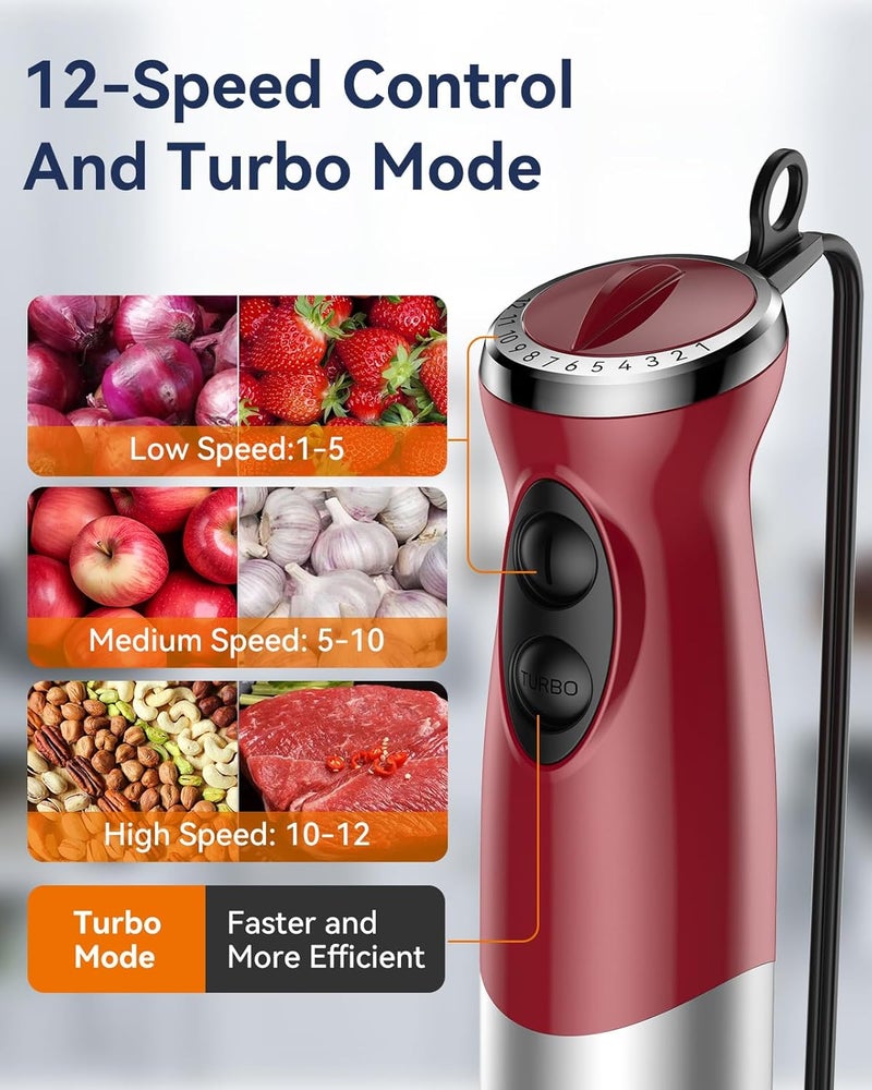 Abuler Immersion Blender Handheld 1000W 5 in 1 Corded Stick Hand Blender Kitchen with 12 Speed, BPA-Free, Mixing Beaker, Chopper, Whisk, Milk Frother, Perfect Emulsifier for Soup, Baby Food, Sauce, Puree - Image 4